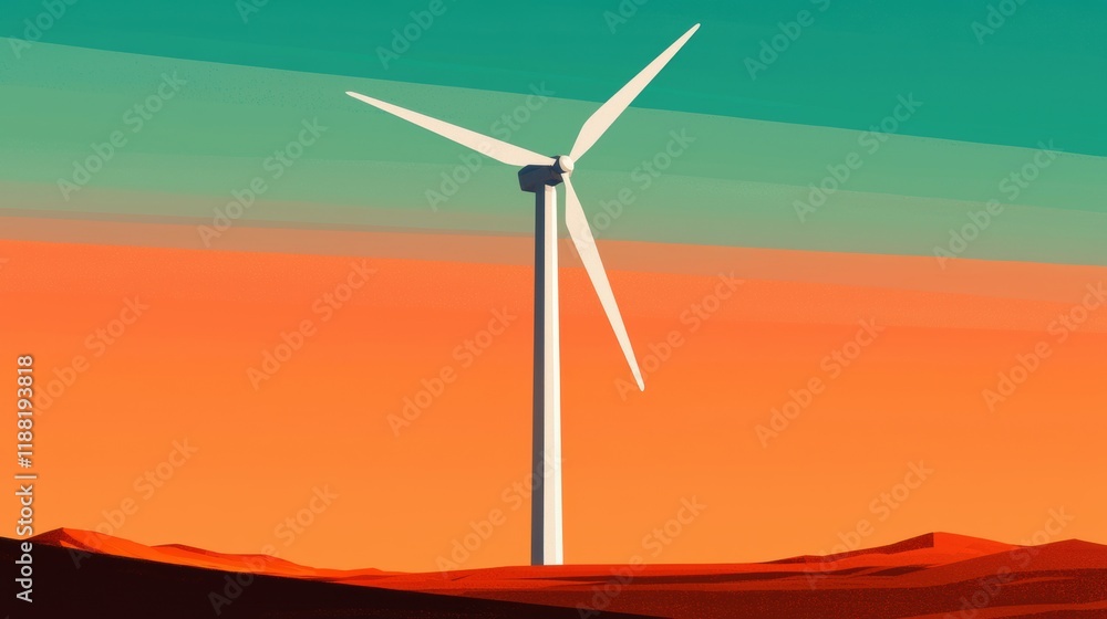 Obraz premium Modern Wind Turbine Against Vibrant Sunset on Desert Landscape