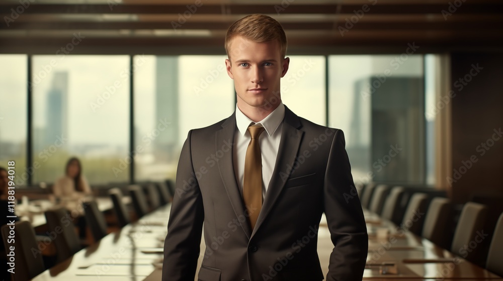 Businessman standing in front of a boardroom, ambient light, light background with space on the left side of the frame,generative ai illustration Businessman standing in front of a boardroom, ambient light, light background with space on the left side of the frame,generative ai illustration