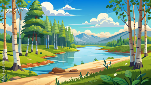 summer river or lake surrounded by young birch forest, clear bright blue sky, summertime sunny day panoramic landscape