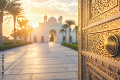 a traditional Islamic wooden door with gold accents