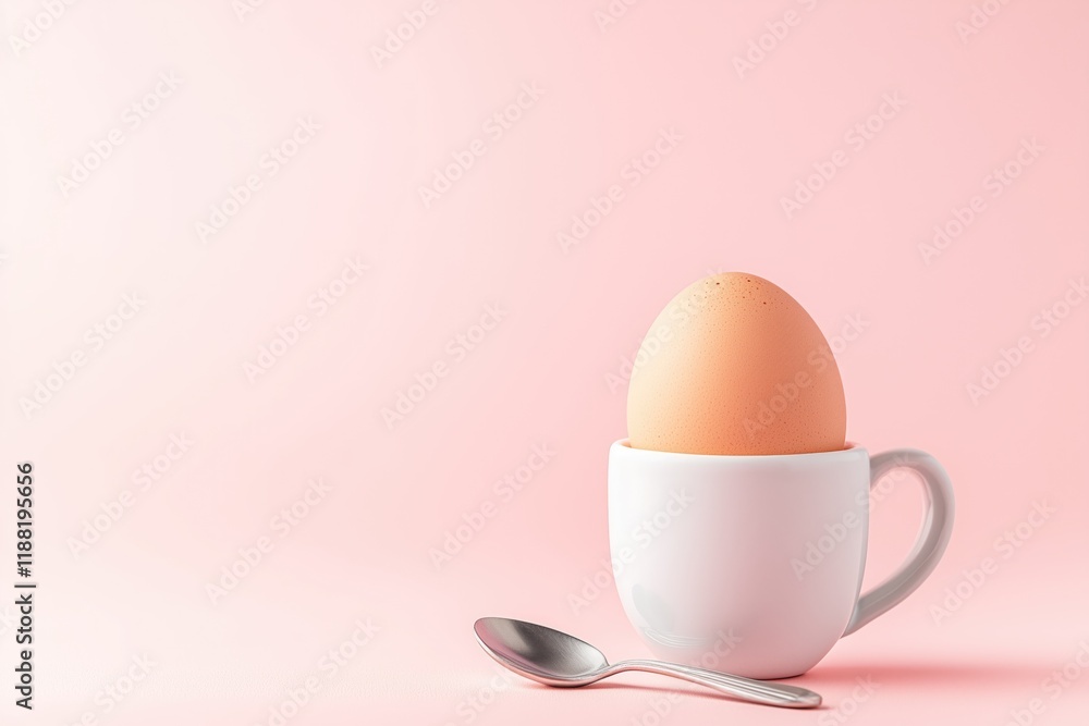 Egg in Cup on Pink Background with Silver Spoon, evoking simplicity, freshness, and morning breakfast vibes. Egg in Cup on Pink Background with Silver Spoon, evoking simplicity, freshness, and morning breakfast vibes.