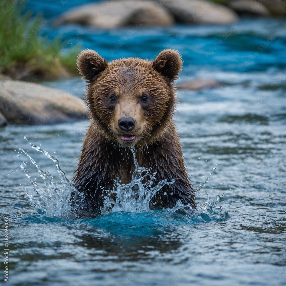 A playful bear cub splashing in a river with a bright blue backdrop.
A playful bear cub splashing in a river with a bright blue backdrop.
