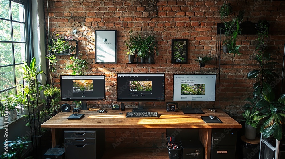 Sunlit home office with wooden desk, triple monitors, and abundant indoor plants against a brick wall. Sunlit home office with wooden desk, triple monitors, and abundant indoor plants against a brick wall.