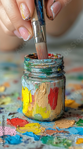 Hand Holding a Paint Brusah, Close up Picture of an Artist, Painter Holding a Brush photo