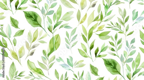 Seamless Green Leaves Watercolor Pattern on White Background. Perfect for decorative designs, textile patterns, backgrounds, and eco-themed compositions.