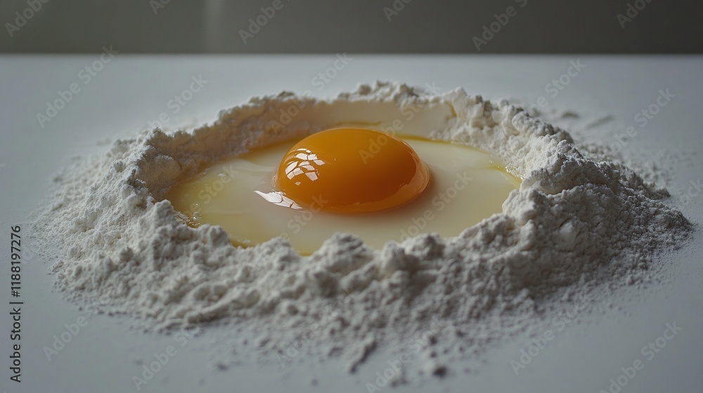 A fresh egg yolk resting in a well of flour, capturing the essence of baking and cooking. A fresh egg yolk resting in a well of flour, capturing the essence of baking and cooking.