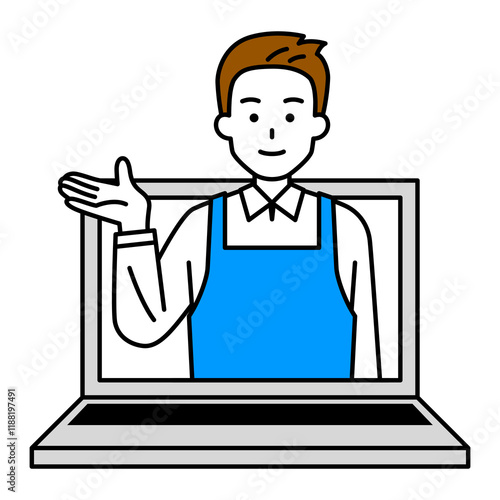 オンラインでサポートするエプロン姿の男性