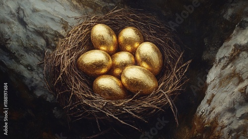 Wallpaper Mural A nest filled with seven shimmering gold eggs, nestled amidst textured branches and stones. Torontodigital.ca