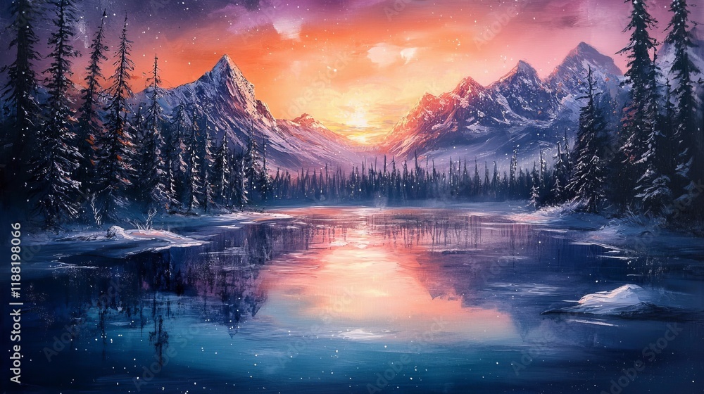Fototapeta premium A hand-drawn painting depicts a serene frozen lake surrounded by towering pine trees and majestic mountains. Nature's beauty unfolds in a captivating fusion of colors and textures.