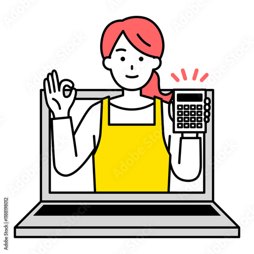 オンラインで見積りをするエプロン姿の女性