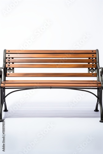 A stylish wooden bench with a metal frame, perfect for parks, gardens, or outdoor spaces, inviting relaxation. photo