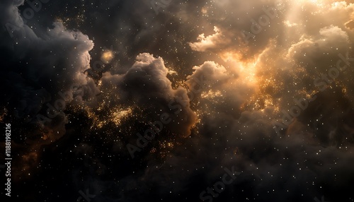 Colorful cloud of smoke and dust in space, dark black color with a golden glow, glowing particles, 80mm lens, soft light, hyper-detailed. photo