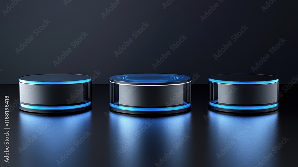 Three Cylindrical Platforms with Blue Neon Lighting Three Cylindrical Platforms with Blue Neon Lighting