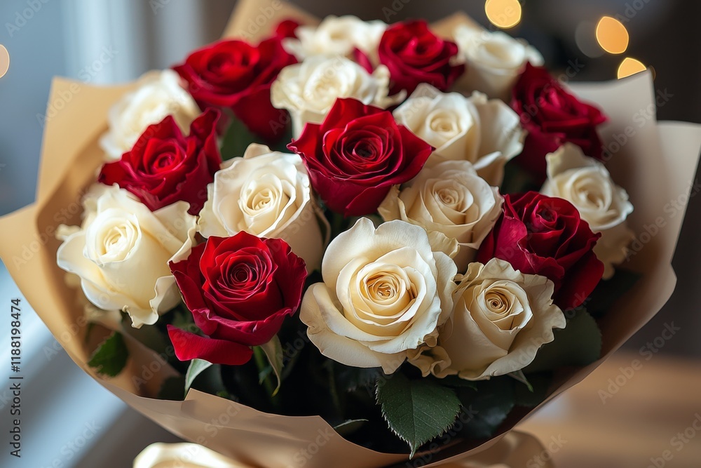 Obraz premium Elegant Bouquet of Red and White Roses Wrapped in Silk - Romantic Floral Arrangement for Special Occasions