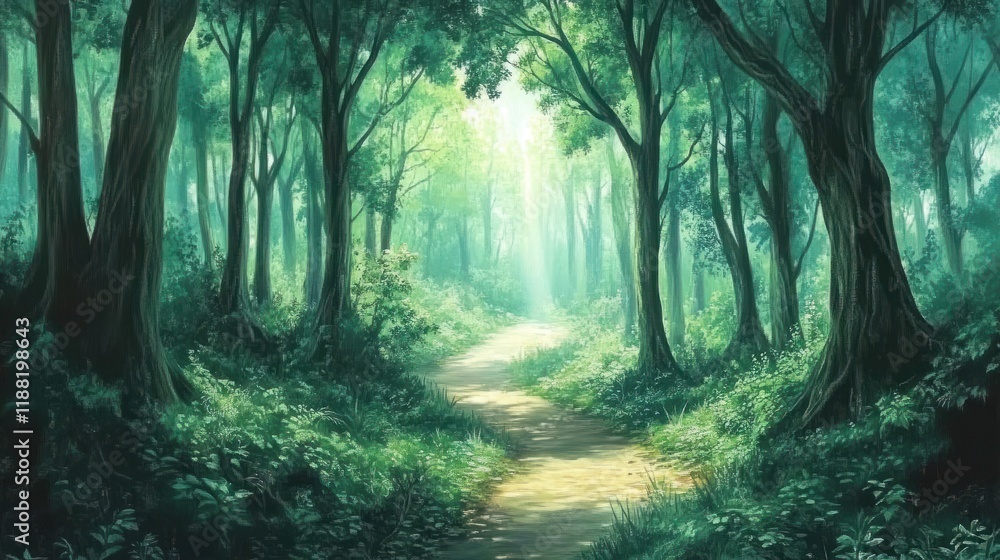 Obraz premium Serene Path Through Lush Green Forest Canopy