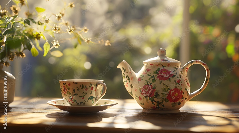Fototapeta premium Elegant floral teapot and cup set on a sunlit wooden table, creating a cozy and inviting atmosphere.