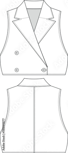 sleeveless collared double breasted buttoned short cropped crop vest waistcoat jacket template technical drawing flat sketch cad mockup fashion woman design style model 
