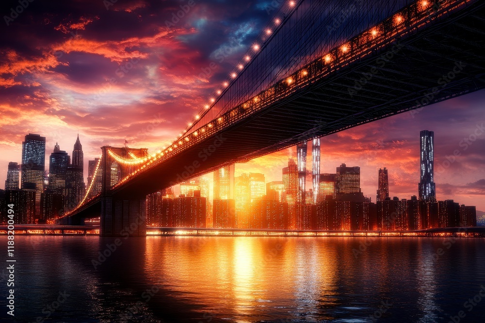 Fototapeta premium Suspension Bridge Over River with Distant City Skyline, illuminated structures, serene water reflection, evening ambiance, urban beauty