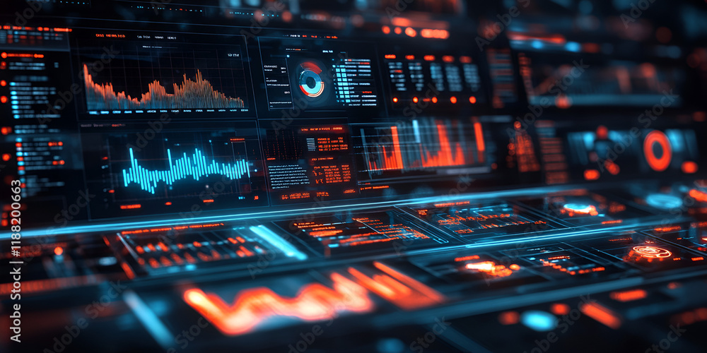 Naklejka premium Innovative Data Analytics Dashboard with Futuristic Glow Design, Modern Data Analytics Dashboard Featuring Glowing Visuals