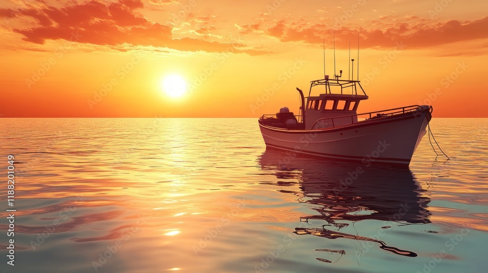 Fishing Vessel at Sunset Golden Hour Ocean Scene Fishing Vessel at Sunset Golden Hour Ocean Scene
