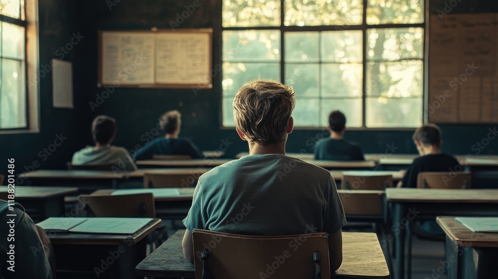 Student Sits Alone In Empty Classroom Facing Window Student Sits Alone In Empty Classroom Facing Window