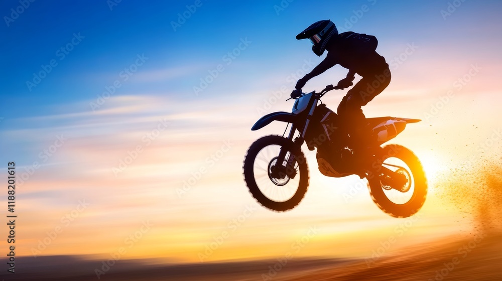 Silhouette of person riding a dirt bike at sunset Silhouette of person riding a dirt bike at sunset