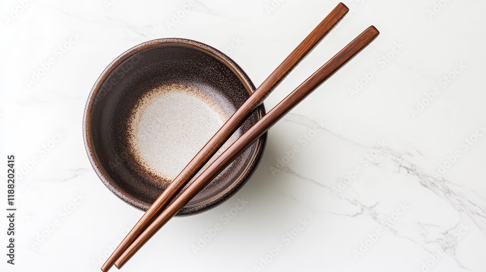 Wooden chopsticks and bowl on a white surface.