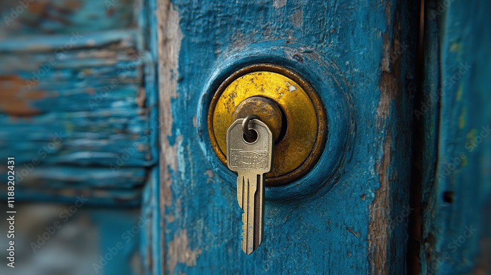 Old key in worn blue door lock. Old key in worn blue door lock.