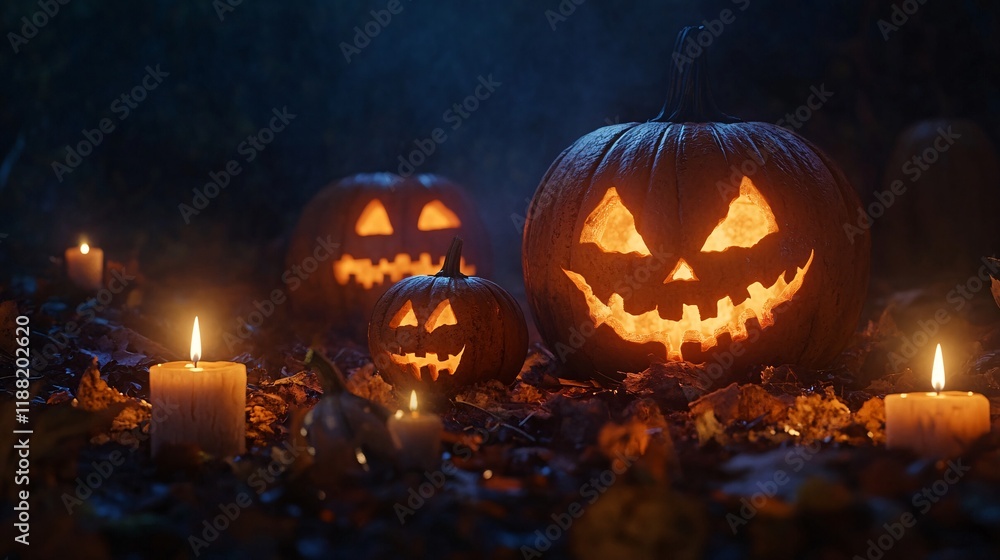 Spooky pumpkin lanterns glowing amidst candles on a dark, misty Halloween night. Spooky pumpkin lanterns glowing amidst candles on a dark, misty Halloween night.