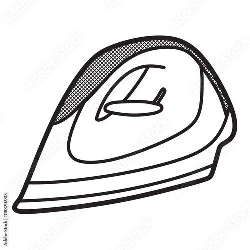 black and white drawing, line art, half plastic electric iron, facing left