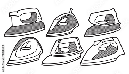 black and white drawing, line art, six electric irons facing left