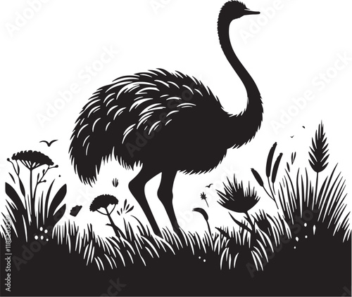 Ostrich Silhouette line art vector illustration on white background