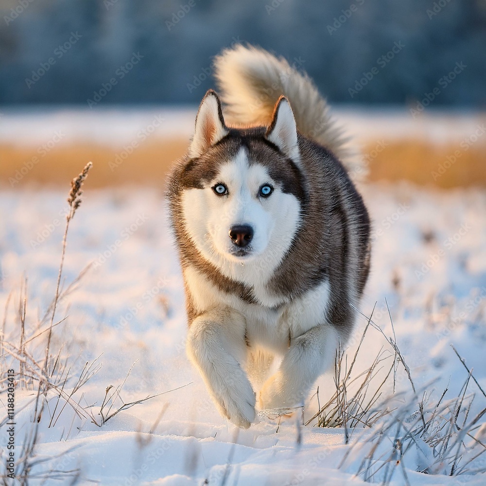 Fototapeta premium 雪原を走るシベリアンハスキー