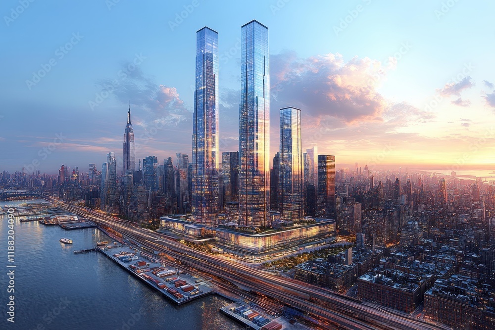 New architectural skyline in New York City showcases modern towers at sunset New architectural skyline in New York City showcases modern towers at sunset
