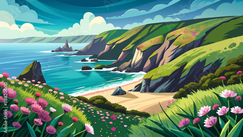 The coast of Ceibwr in Pembrokeshire, Wales with pink sea thrift