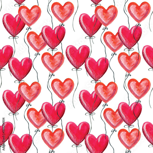 Watercolor hand painted air ballon heart pattern. White background. Use it for postcards, invitations, and scrapbooking.