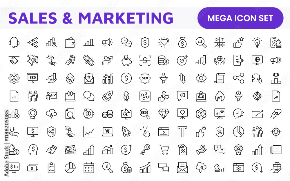 Sales and Marketing Icon Set. A dynamic collection of icons designed to enhance branding, promotions, and customer engagement, perfect for marketing materials and business applications. Sales and Marketing Icon Set. A dynamic collection of icons designed to enhance branding, promotions, and customer engagement, perfect for marketing materials and business applications.