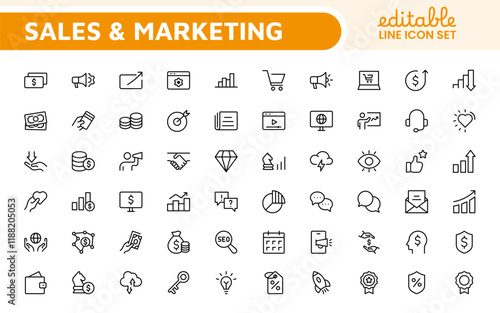 Sales and Marketing Icon Set. A dynamic collection of icons designed to enhance branding, promotions, and customer engagement, perfect for marketing materials and business applications.
