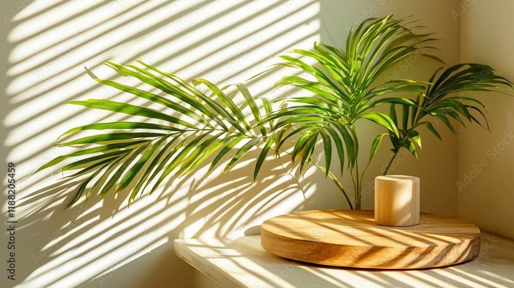 Fototapeta premium Sunlight streams through blinds onto a wooden round stand with a candle and a tropical plant.