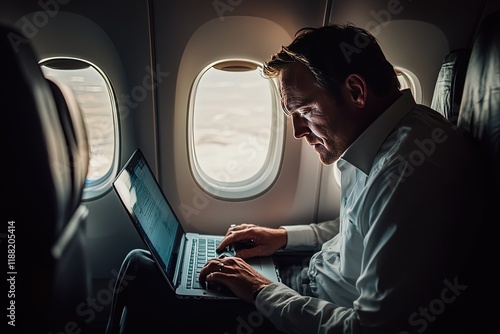 A handsome businessman in a corporate flight, seated by the window with his laptop, engaged in work and travel simultaneously. photo