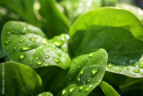 Close-up of fresh green leaves with water droplets, showcasing nature's beauty and details of plant life. photo