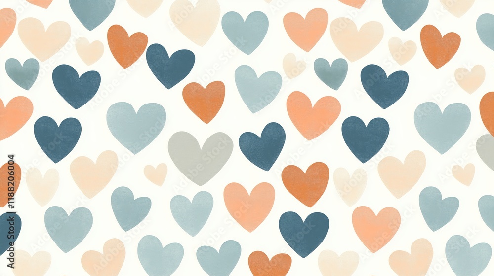 A seamless Valentine’s Day pattern featuring an array of pastel hearts in soft blue, peach, and beige hues on a creamy white background. A seamless Valentine’s Day pattern featuring an array of pastel hearts in soft blue, peach, and beige hues on a creamy white background.