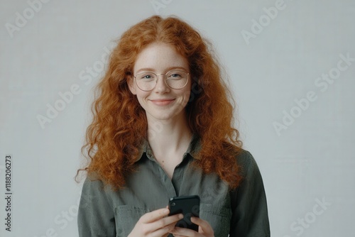 a smiling white woman in casual wear, holding a phone and looking at the camera photo