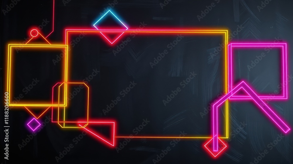 Abstract geometric shapes with vibrant neon colors on a dark background Abstract geometric shapes with vibrant neon colors on a dark background