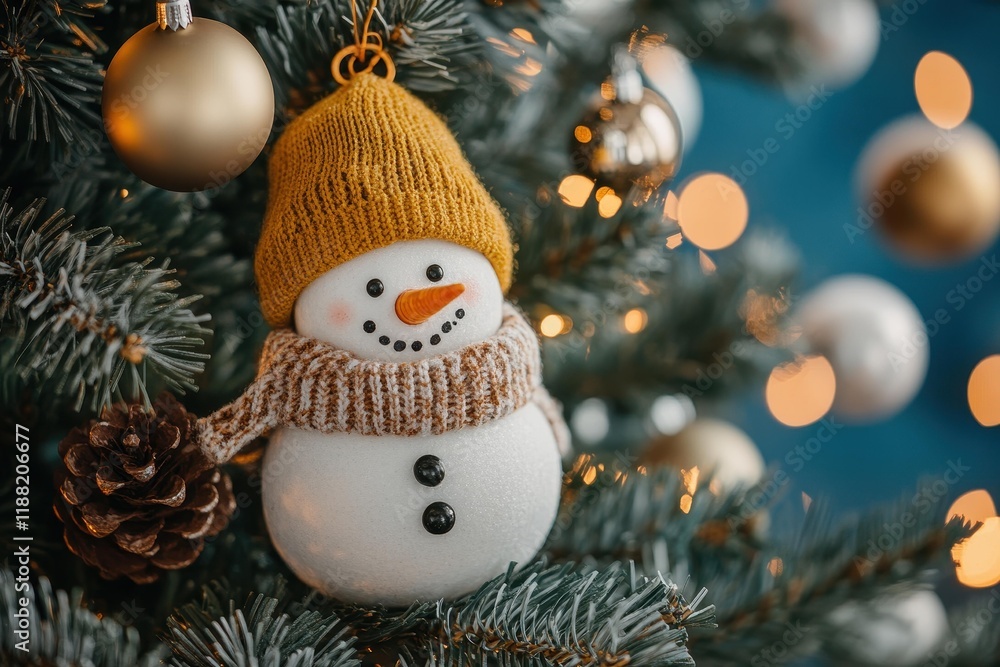 Obraz premium Cheerful snowman ornament with knitted hat hanging on a Christmas tree