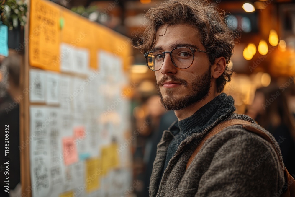 Fototapeta premium Young man with glasses standing near bulletin board in cafe during evening