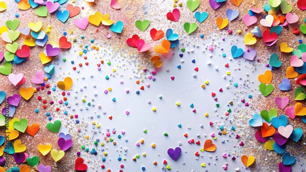 Fototapeta premium Colorful paper hearts scattered on a white background with confetti overlay and glittery effects, wedding, confetti, wedding