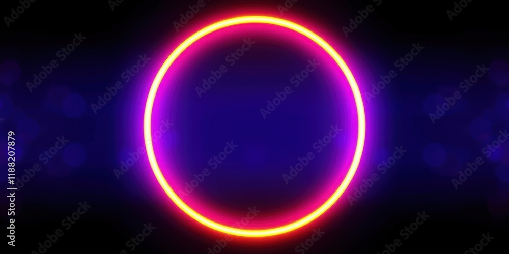 Obraz premium A glowing neon ring of pink and yellow light against a dark background with bokeh effects