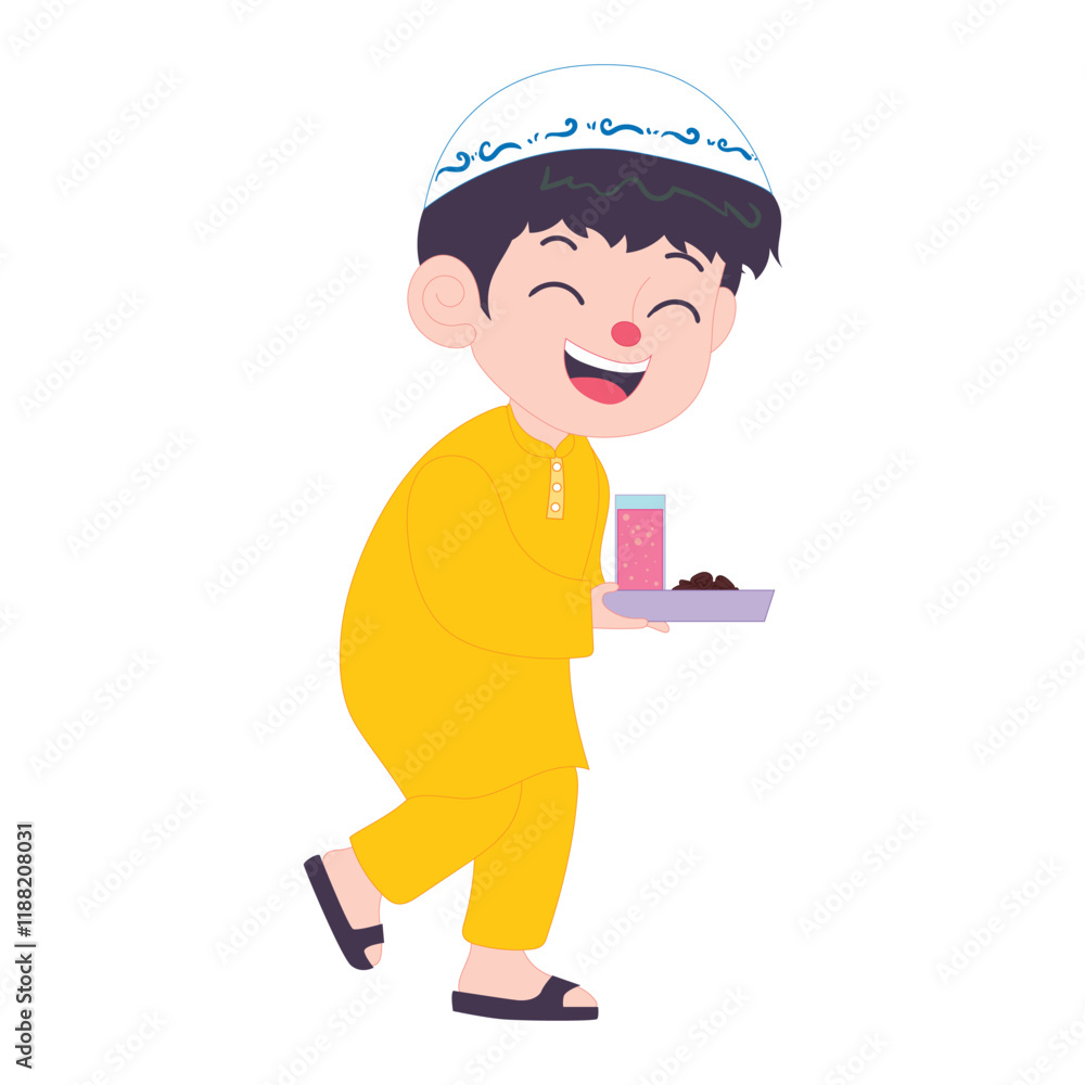 Happy Muslim boy in traditional attire, carrying food joyfully, celebrating Ramadan iftar with cheer. Happy Muslim boy in traditional attire, carrying food joyfully, celebrating Ramadan iftar with cheer.