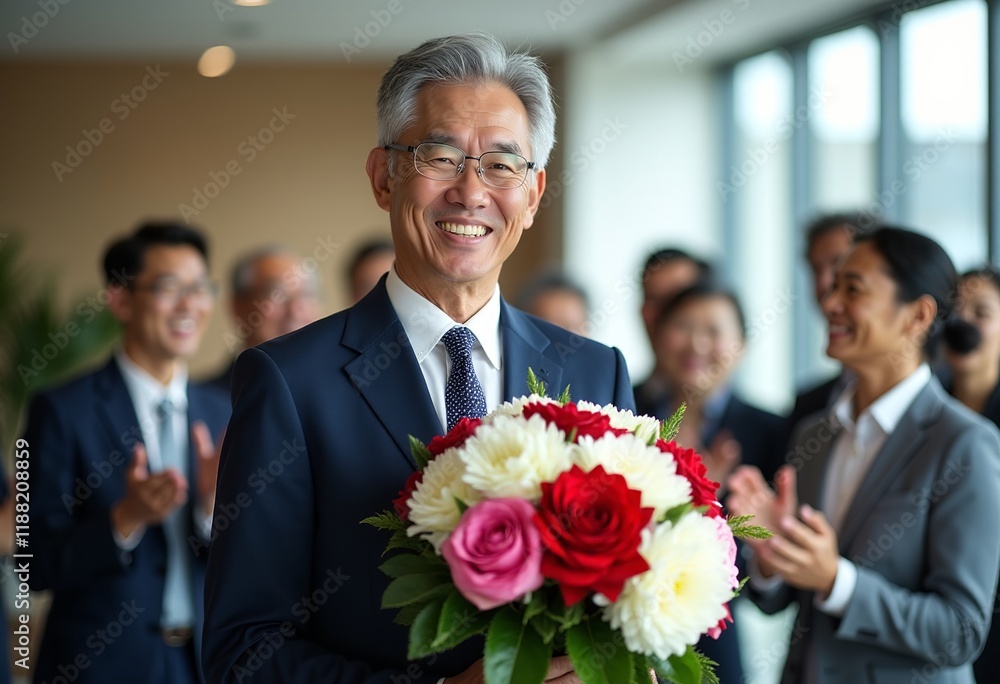 現代オフィスで日本のエグゼクティブの退職を同僚と共に祝う、感謝と尊敬の色彩豊かな花束 現代オフィスで日本のエグゼクティブの退職を同僚と共に祝う、感謝と尊敬の色彩豊かな花束